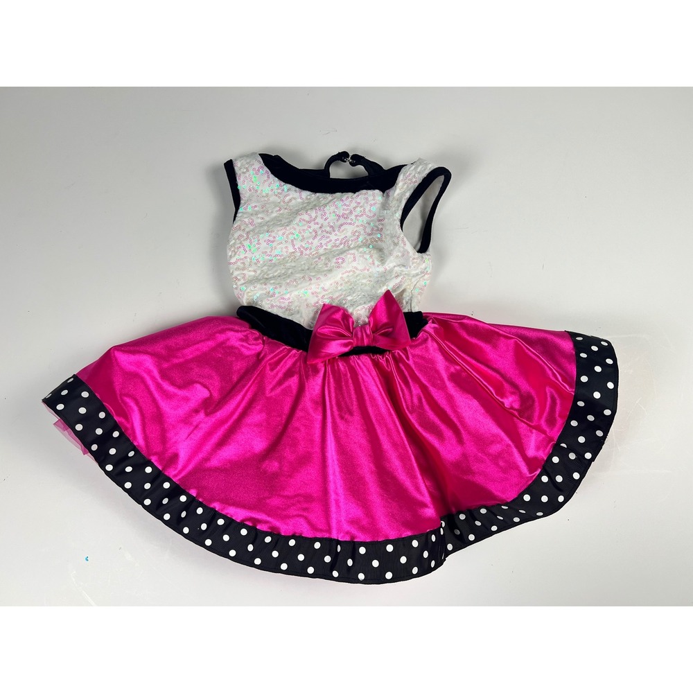 Weissman‎ Dance Costume XSC Sequin Top Pink Skirt Polka Dot Ribbon Girls